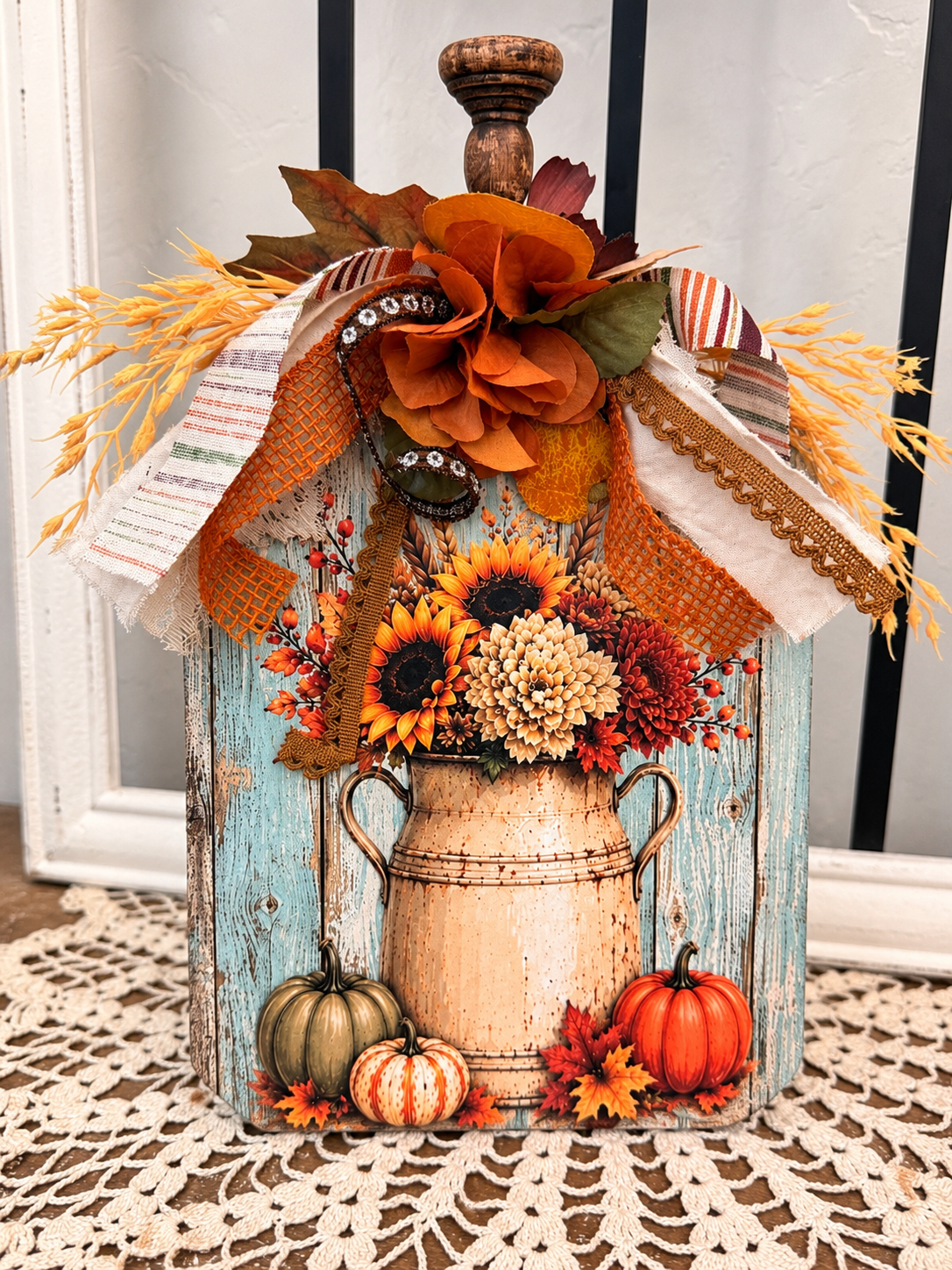 Fall Wood Shelf Sitter with Milk Can, Sunflowers and Pumpkins, Decoupage Decor