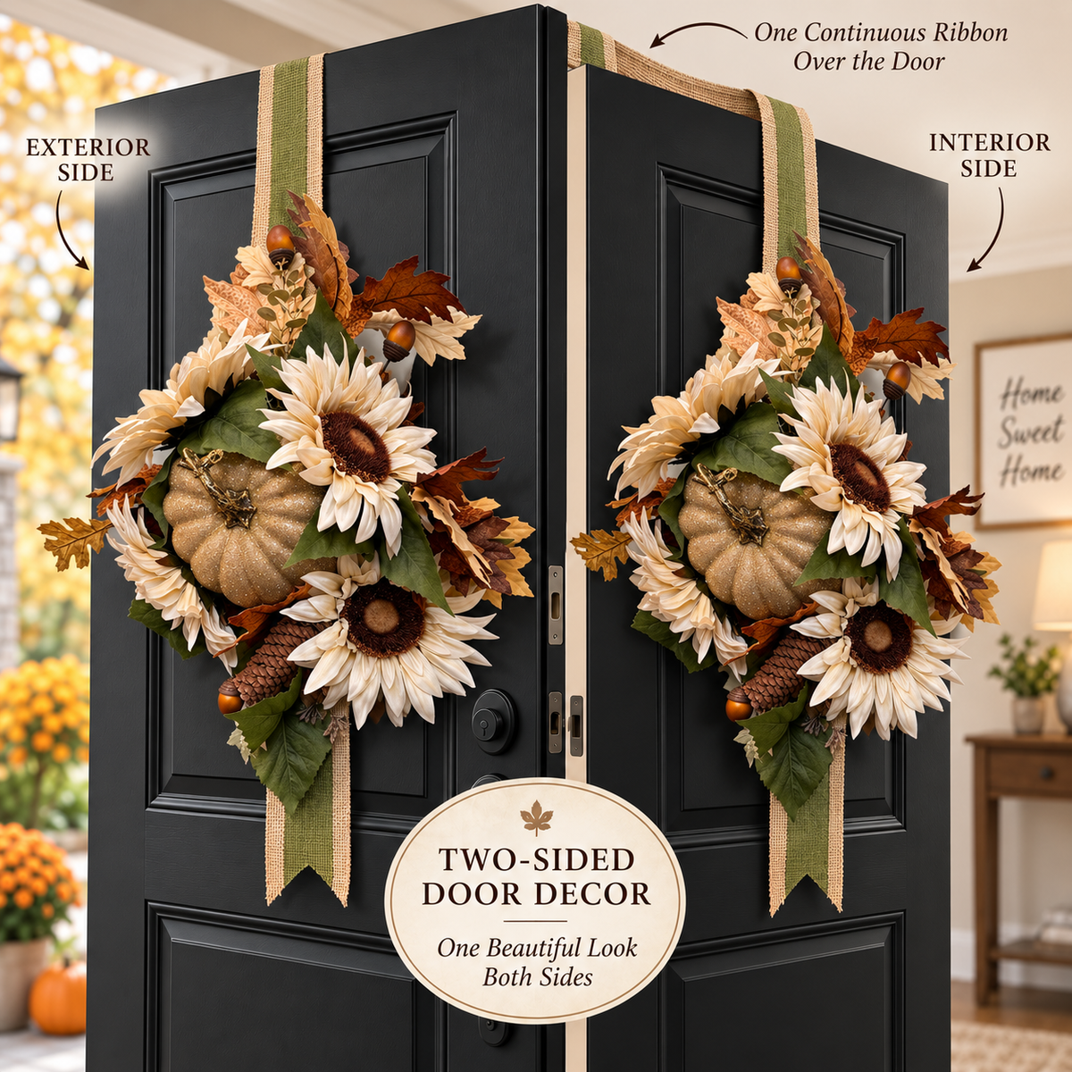 Neutral Double Sided Fall Door Wreath with Cream Pumpkin and White Sunflowers
