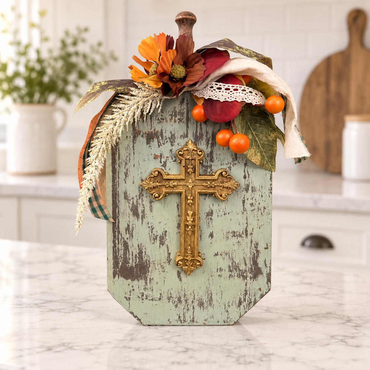 Sage Green Wood Cross Shelf Sitter with Dimensional Ornate Resin Cross Accent