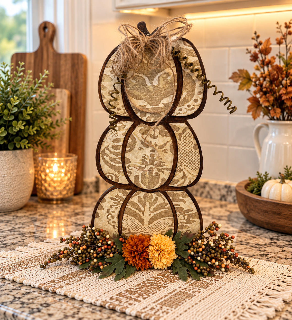 Three Tier Wood Pumpkin Stack with Damask Decoupage, Fall Shelf Decor