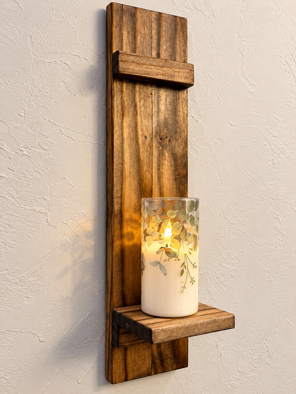 Rustic Handmade Wood Wall Sconces (Pair) with Display Shelf, Lantern and Candle Decor Options