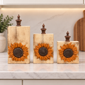 Orange Sunflower Wood Pumpkin Blocks with Dimensional Resin Pumpkin Accents, Fall Shelf Decor