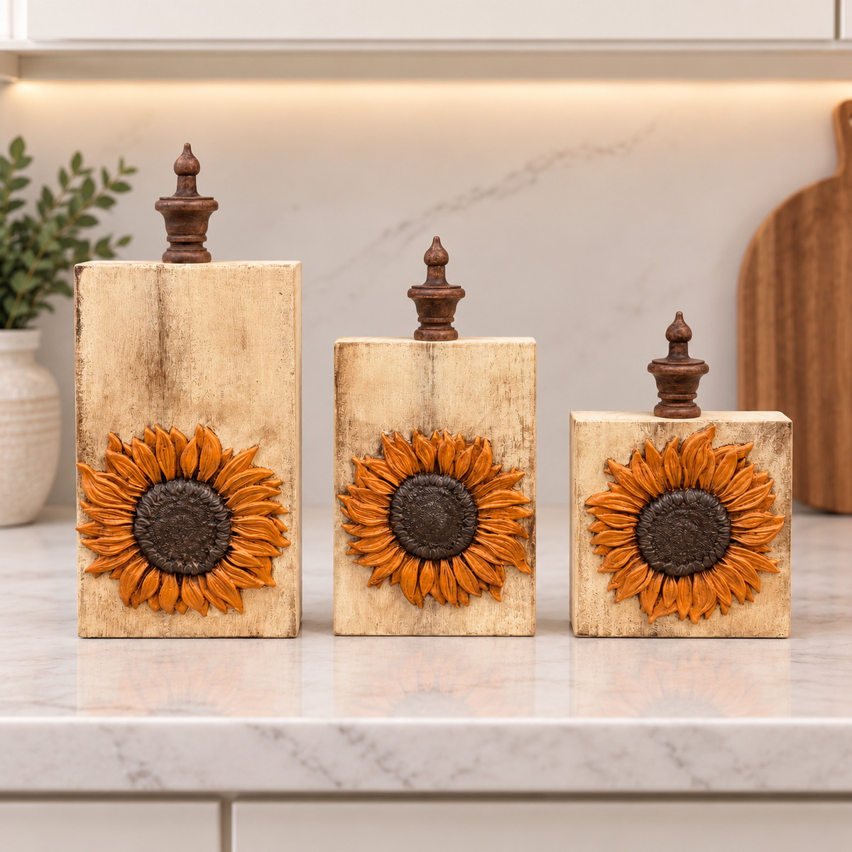 Orange Sunflower Wood Pumpkin Blocks with Dimensional Resin Pumpkin Accents, Fall Shelf Decor
