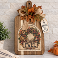 Fall Wreath Decorative Cutting Board with Autumn Floral Design, Rustic Kitchen Decor