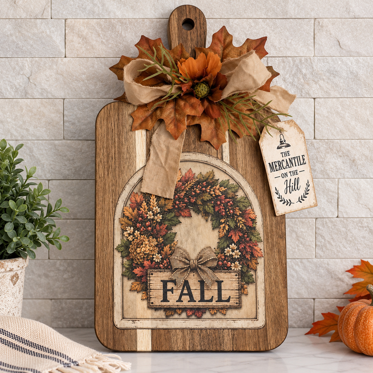 Fall Wreath Decorative Cutting Board with Autumn Floral Design, Rustic Kitchen Decor