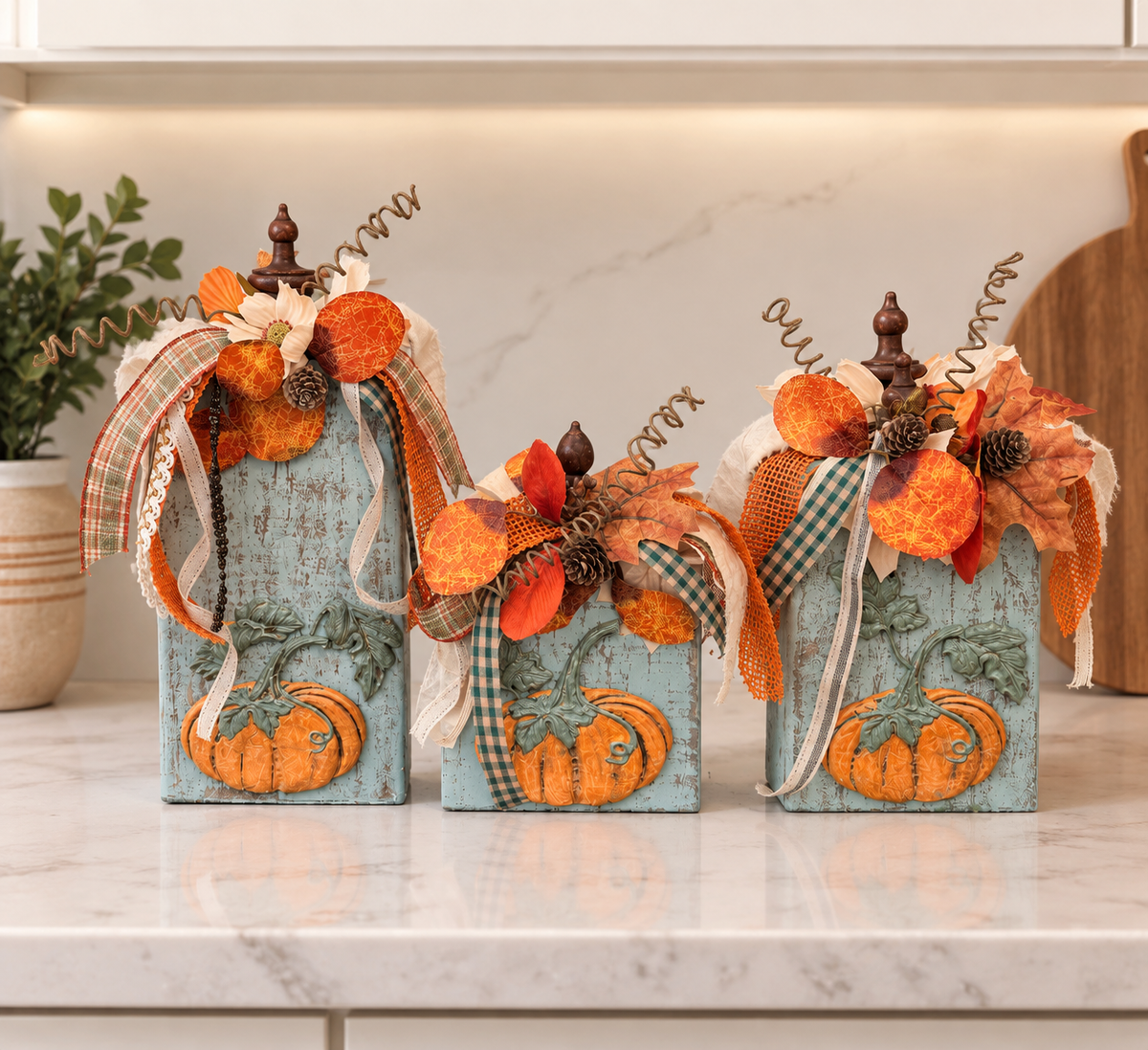 Sage Green Wood Pumpkin Blocks with Dimensional Resin Pumpkin Accents, Fall Shelf Decor