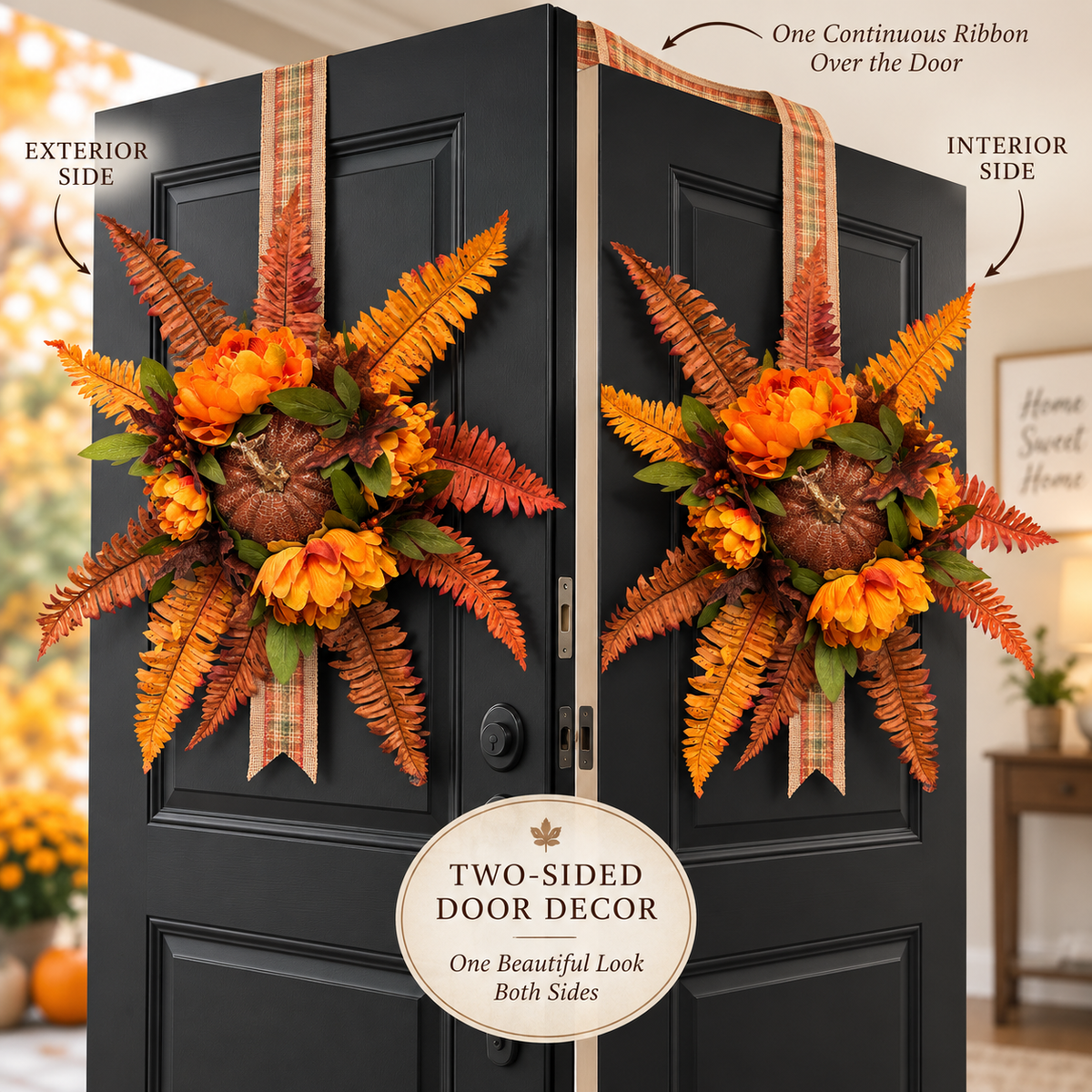 Double Sided Fall Door Wreath with Autumn Florals and Ferns