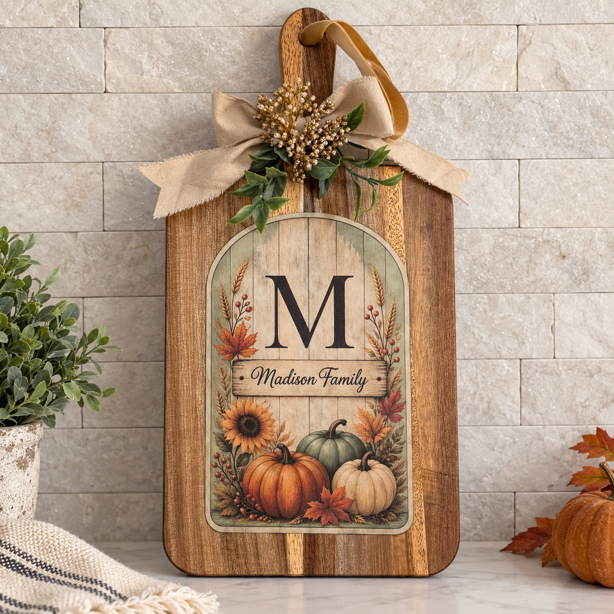 Personalized Fall Decorative Cutting Board with Pumpkins and Sunflowers, Custom Family Decor