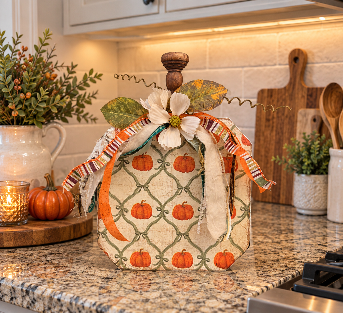 Vintage Pumpkin Wood Shelf Sitter with Fall Lattice Decoupage Pattern