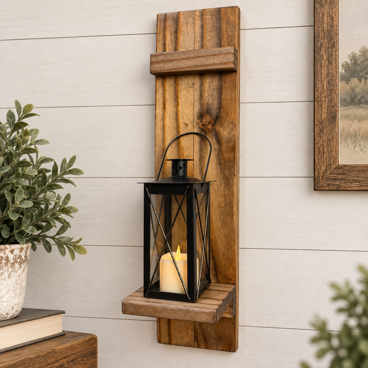 Rustic Handmade Wood Wall Sconces (Pair) with Display Shelf, Lantern and Candle Decor Options