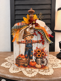 Scarecrow Pumpkin Wood Shelf Sitter with Fall Harvest Decoupage Scene