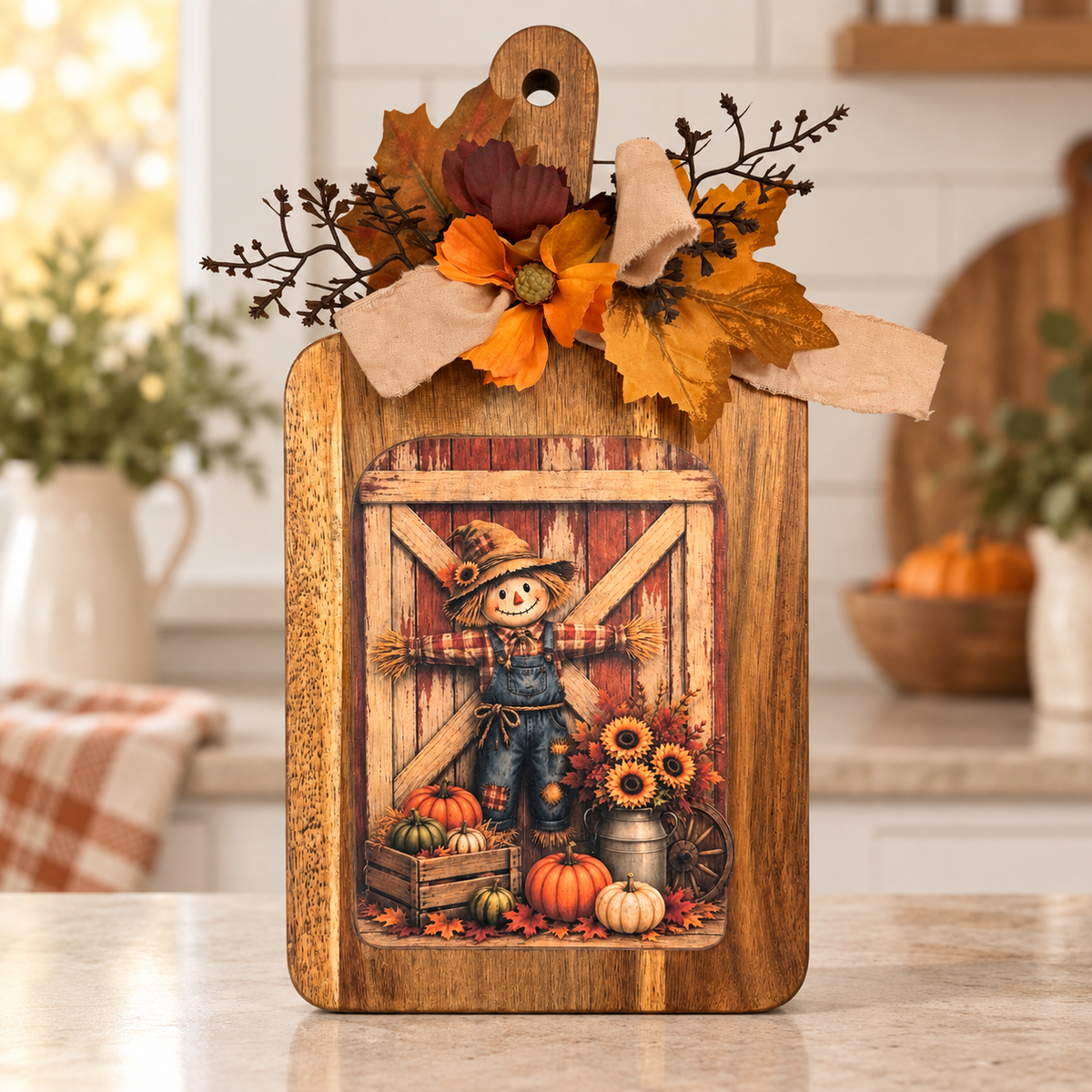 Scarecrow Fall Decorative Cutting Board with Pumpkins and Sunflowers, Harvest Kitchen Decor