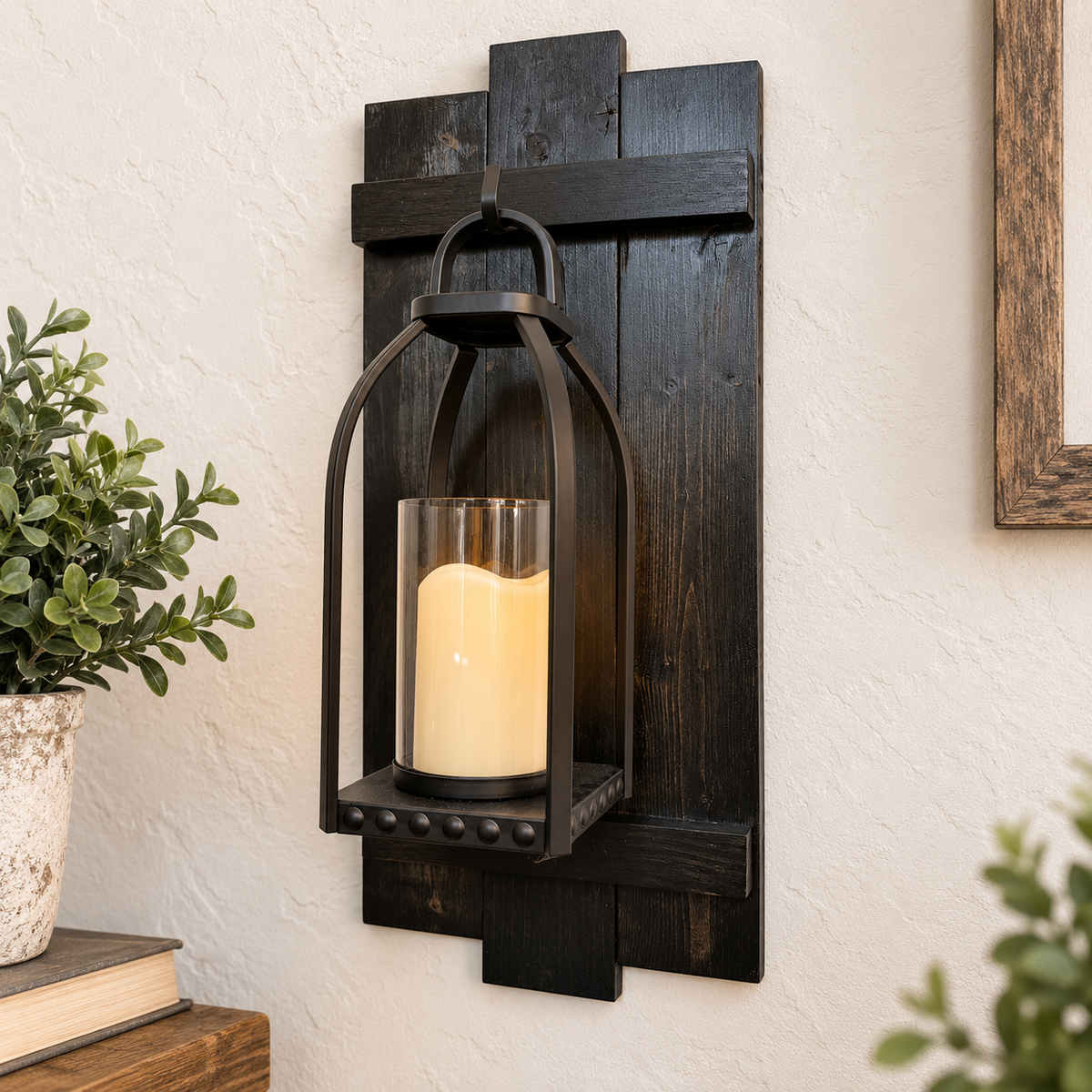 Large Rustic Handmade Wood Wall Sconce with Display Shelf, Lantern and Candle Decor Options