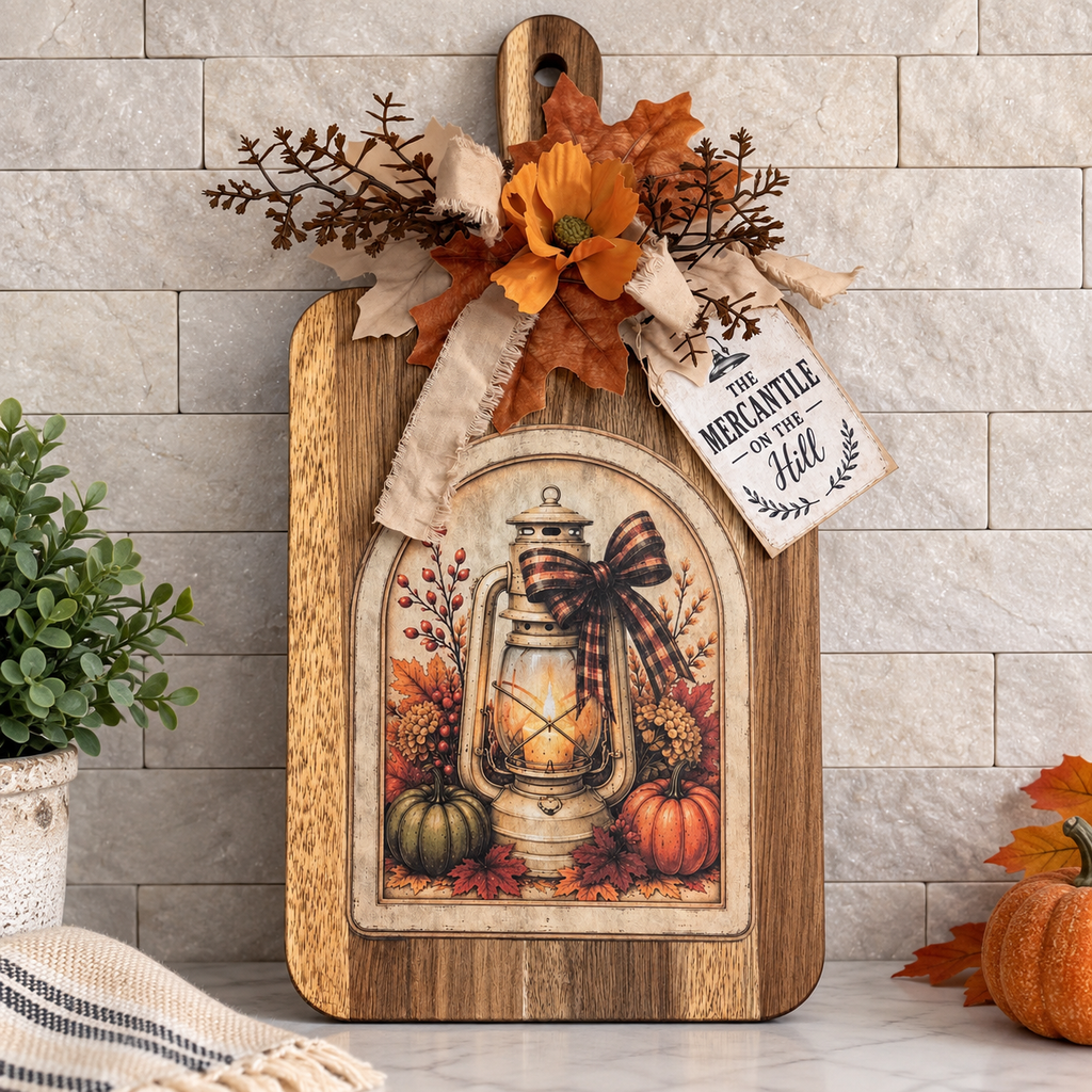 Fall Lantern Decorative Cutting Board with Pumpkins, Rustic Autumn Kitchen Decor