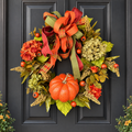 Fall Pumpkin Front Door Wreath with Hydrangeas, Autumn Leaves and Ribbon