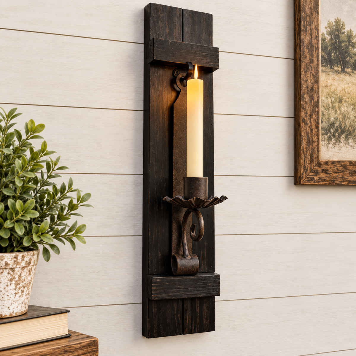 Rustic Handmade Wood Wall Sconces (Pair) with Lantern Hook, Lantern and Candle Decor Options