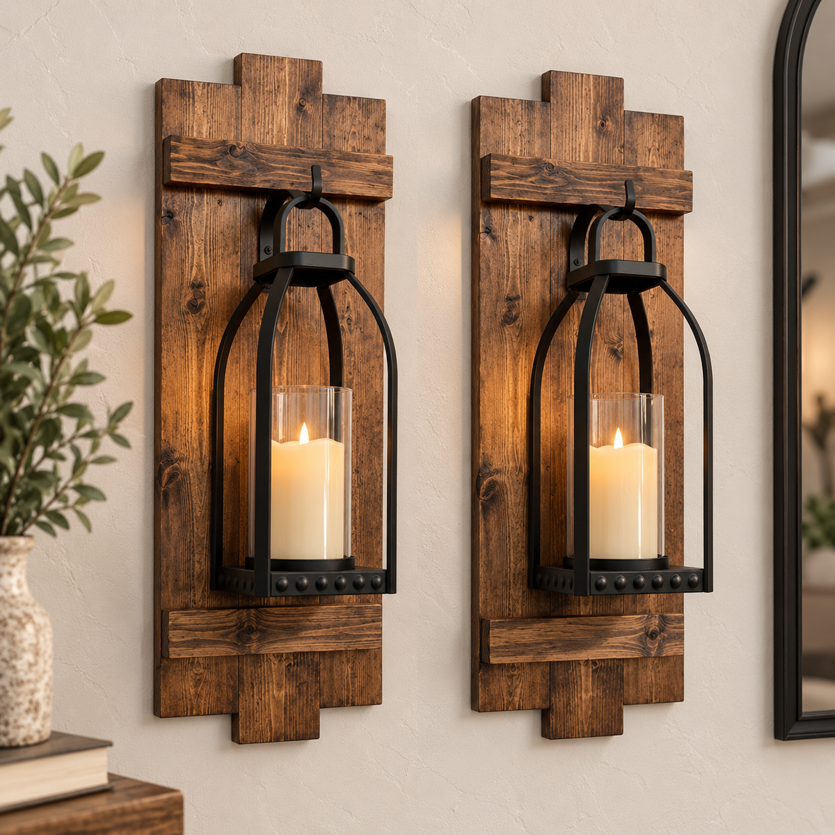 Large Rustic Handmade Wood Wall Sconces (Pair) with Lantern Hook, Lantern and Candle Decor Options