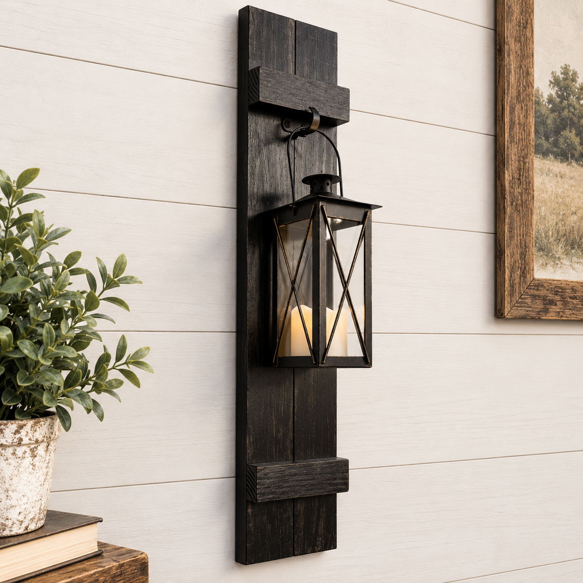 Rustic Handmade Wood Wall Sconces (Pair) with Lantern Hook, Lantern and Candle Decor Options