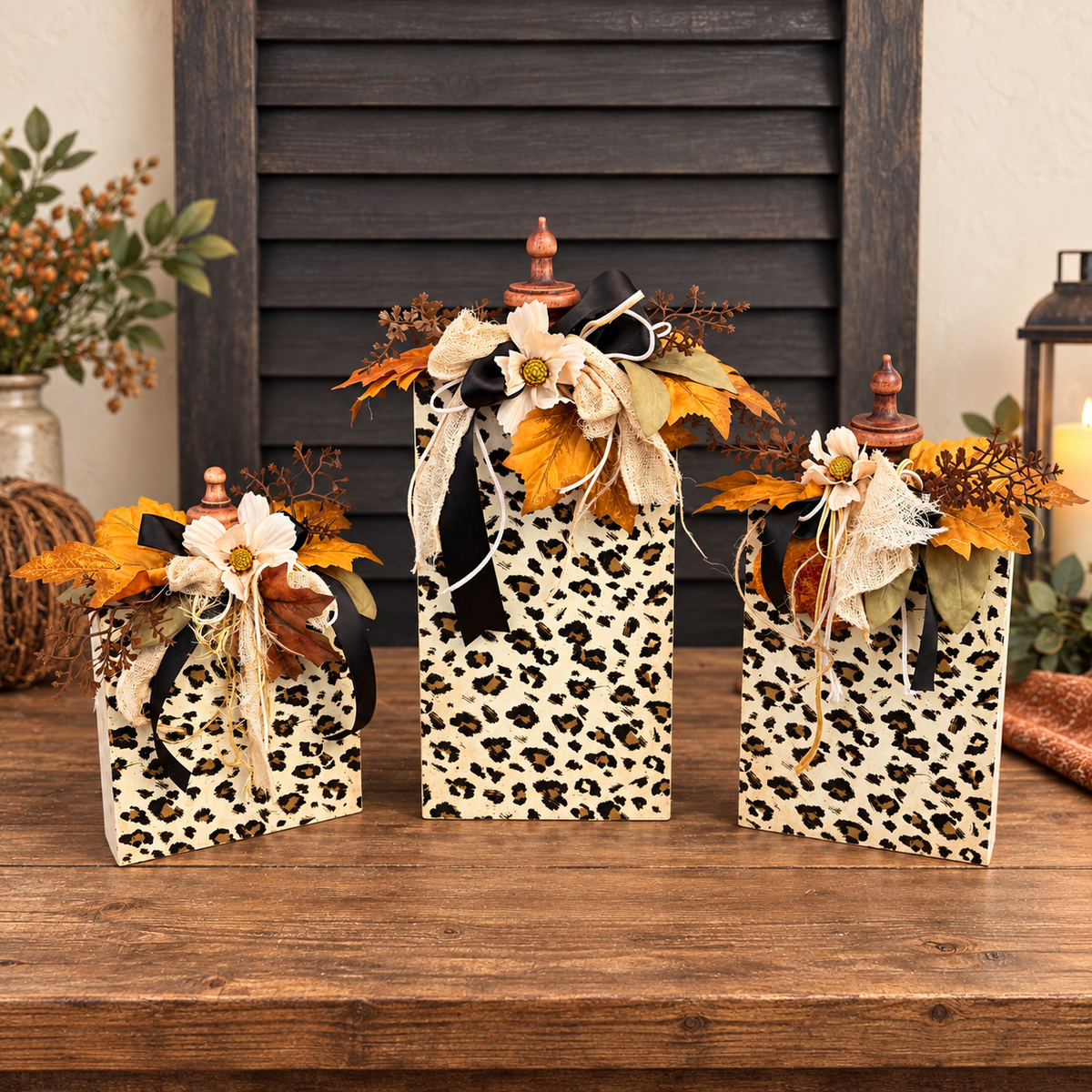 Leopard Print Fall Wood Blocks with Pumpkin Ribbon Decor, Autumn Shelf Decor