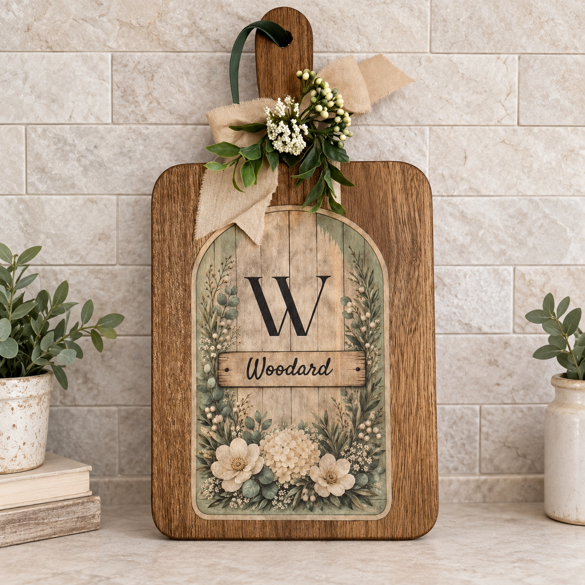 Personalized Hydrangea Decorative Cutting Board with Family Initial, Custom Kitchen Decor
