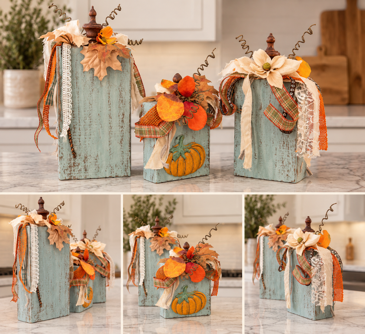 Sage Green Wood Pumpkin Blocks with Dimensional Resin Pumpkin Accents, Fall Shelf Decor