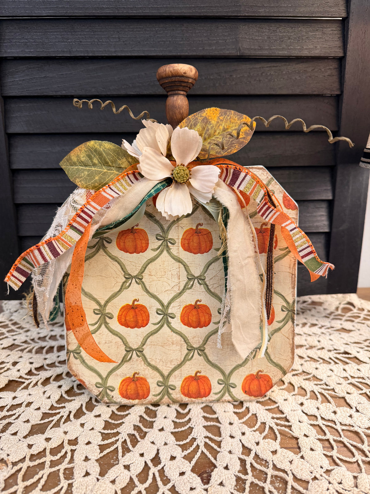 Vintage Pumpkin Wood Shelf Sitter with Fall Lattice Decoupage Pattern