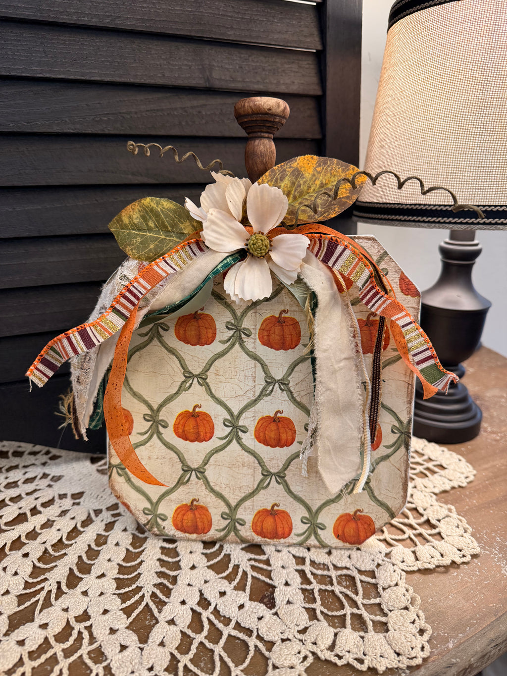 Vintage Pumpkin Wood Shelf Sitter with Fall Lattice Decoupage Pattern