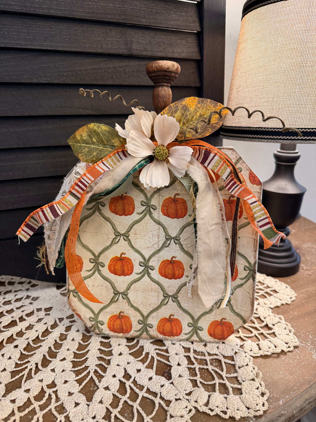 Vintage Pumpkin Wood Shelf Sitter with Fall Lattice Decoupage Pattern