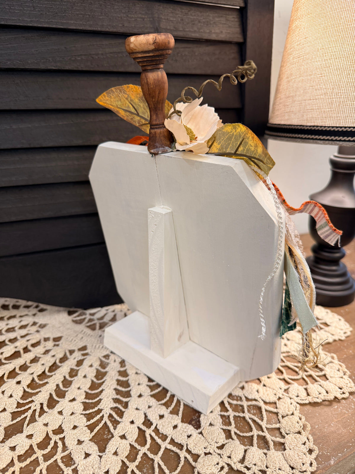 Vintage Pumpkin Wood Shelf Sitter with Fall Lattice Decoupage Pattern