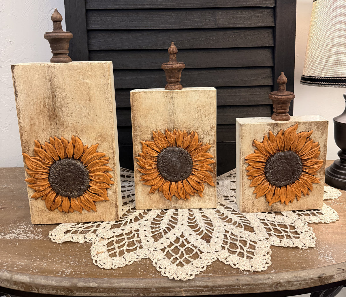 Orange Sunflower Wood Pumpkin Blocks with Dimensional Resin Pumpkin Accents, Fall Shelf Decor