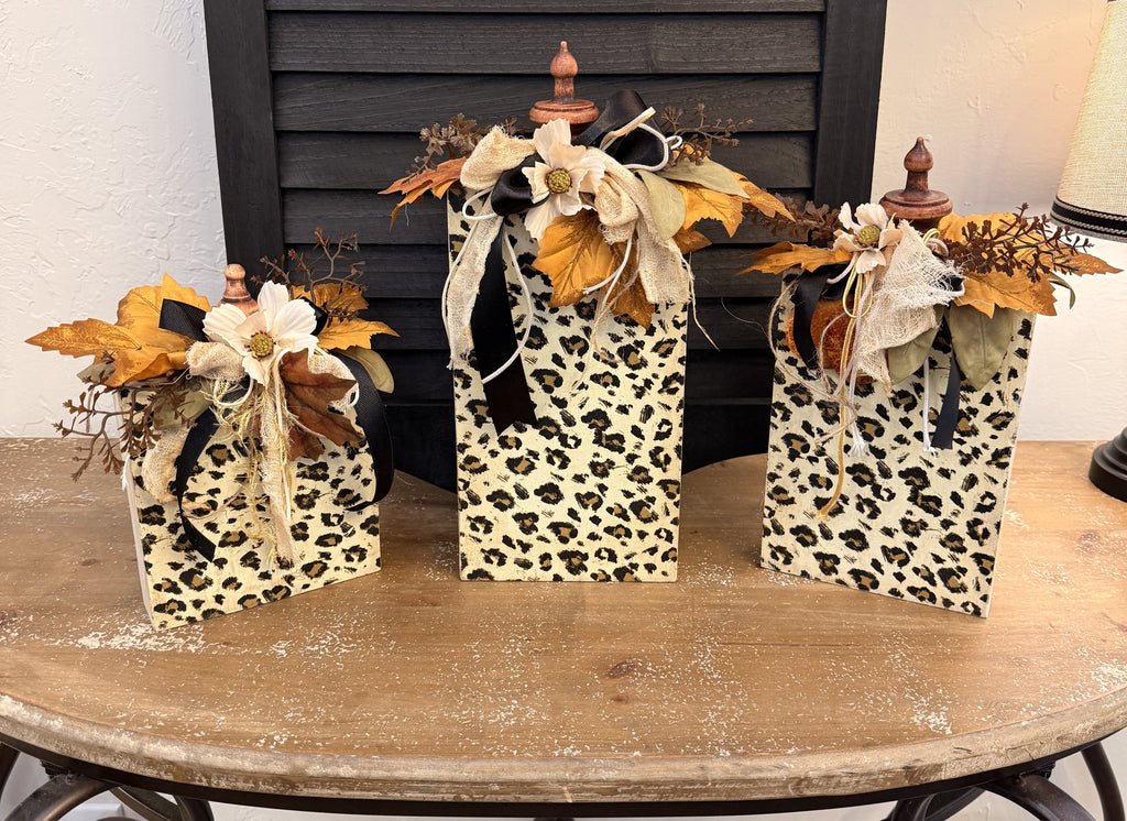 Leopard Print Fall Wood Blocks with Pumpkin Ribbon Decor, Autumn Shelf Decor