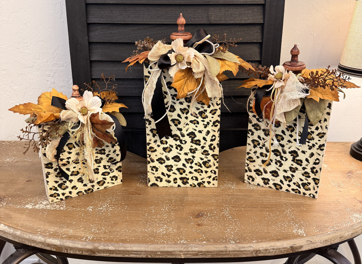 Leopard Print Fall Wood Blocks with Pumpkin Ribbon Decor, Autumn Shelf Decor