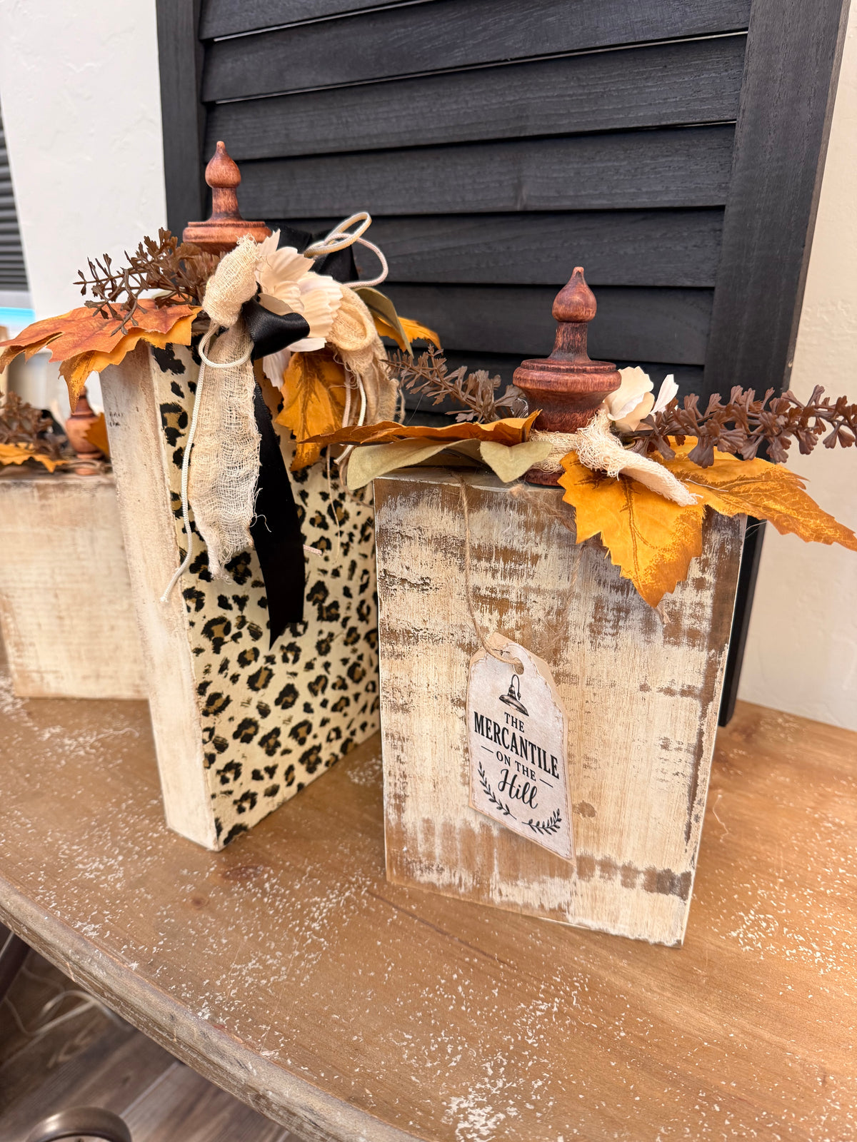Leopard Print Fall Wood Blocks with Pumpkin Ribbon Decor, Autumn Shelf Decor