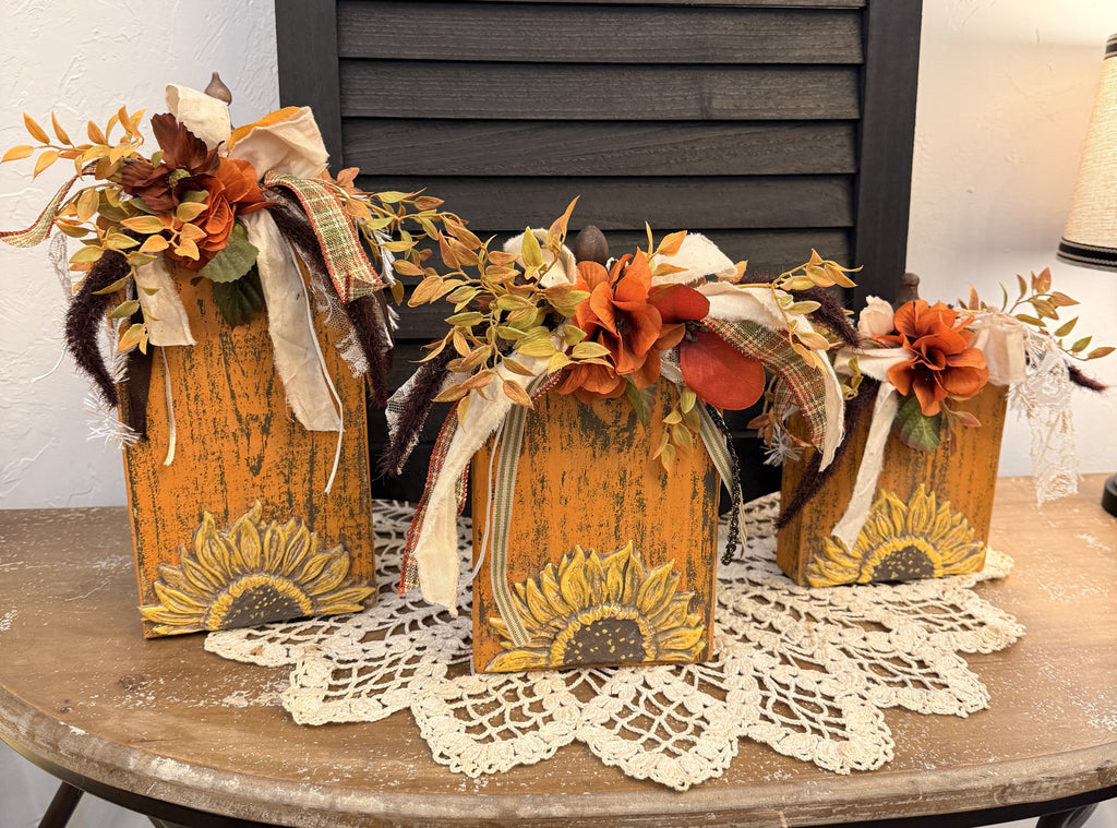Yellow Sunflower Wood Pumpkin Blocks with Dimensional Resin Pumpkin Accents, Fall Shelf Decor