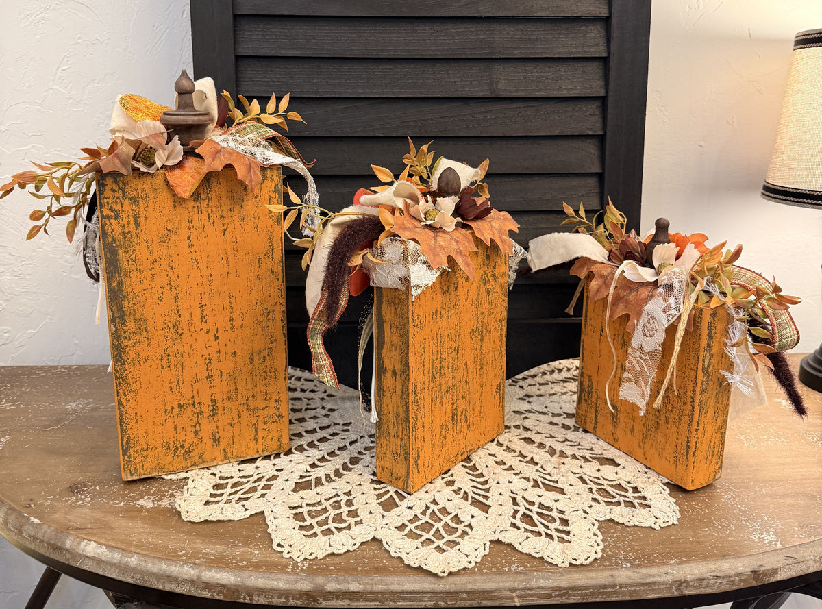 Yellow Sunflower Wood Pumpkin Blocks with Dimensional Resin Pumpkin Accents, Fall Shelf Decor