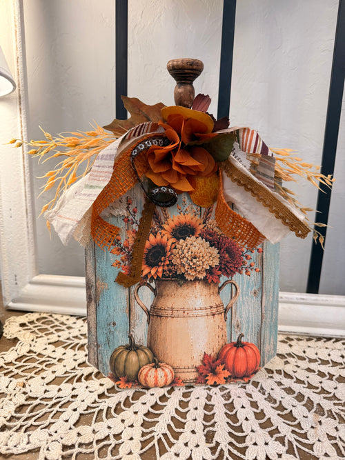 Fall Wood Shelf Sitter with Milk Can, Sunflowers and Pumpkins, Decoupage Decor