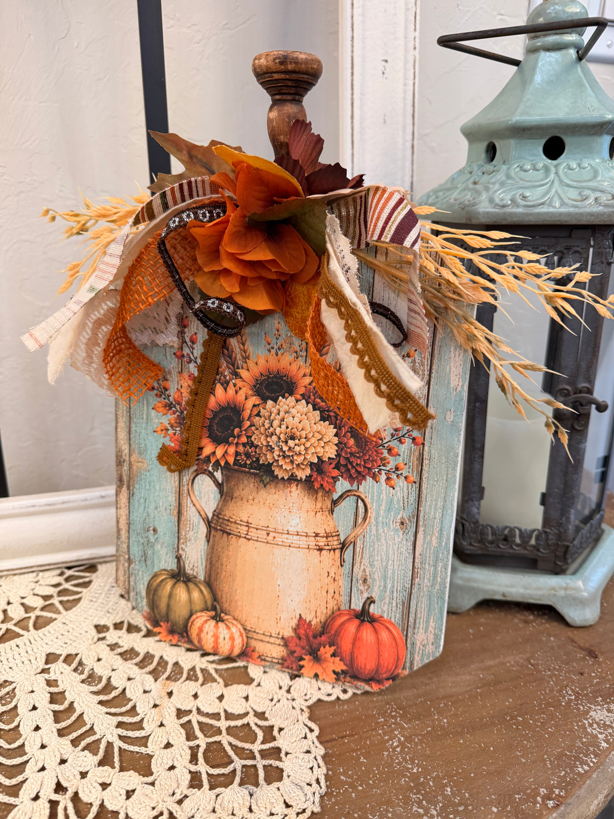 Fall Wood Shelf Sitter with Milk Can, Sunflowers and Pumpkins, Decoupage Decor