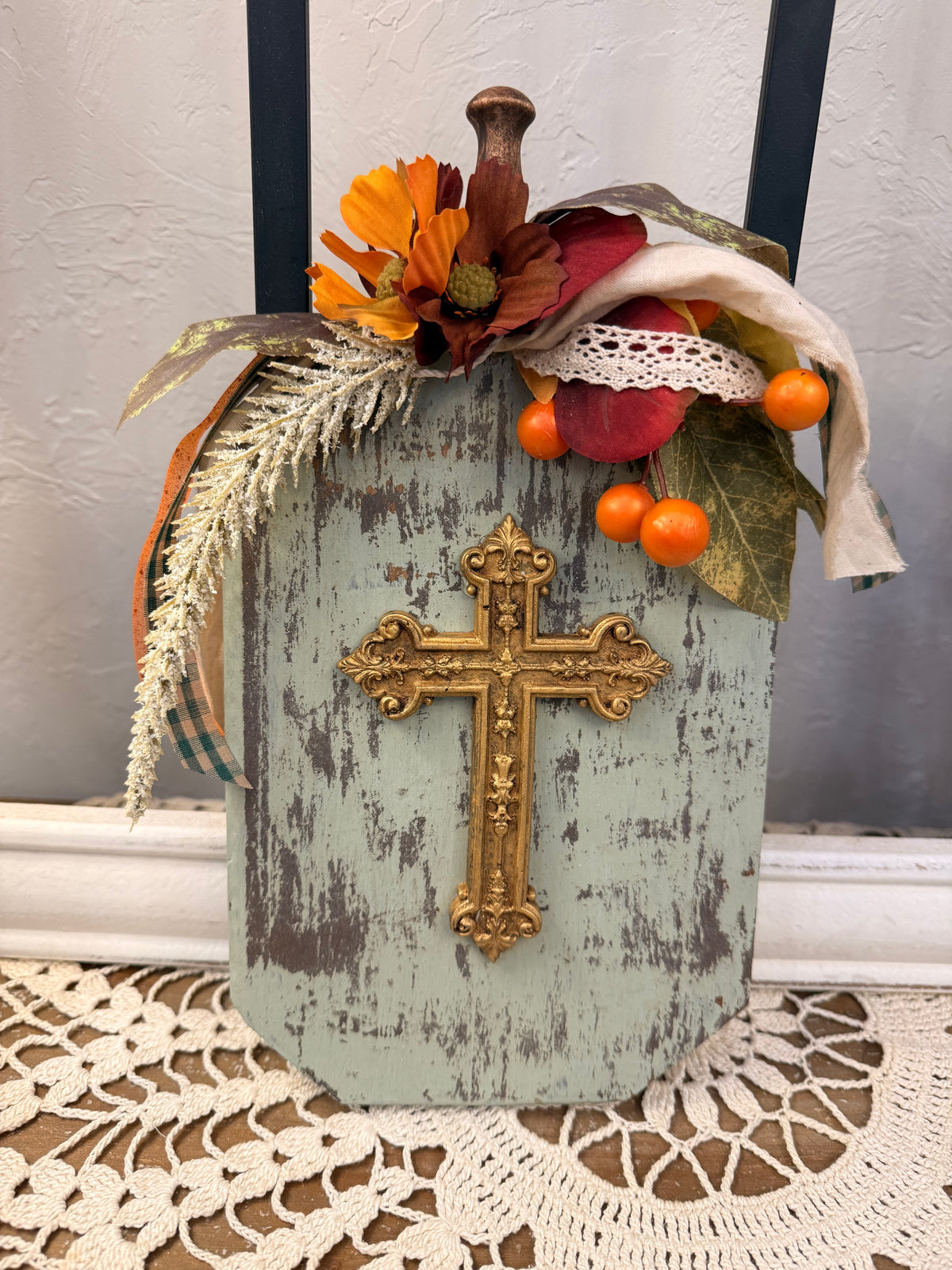 Sage Green Wood Cross Shelf Sitter with Dimensional Ornate Resin Cross Accent