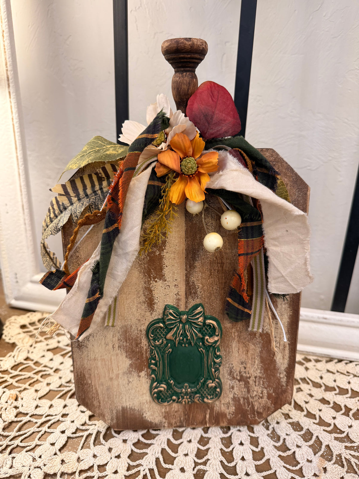 Harvest Wood Shelf Sitter with Dimensional Ornate Resin Accent and Fall Ribbon