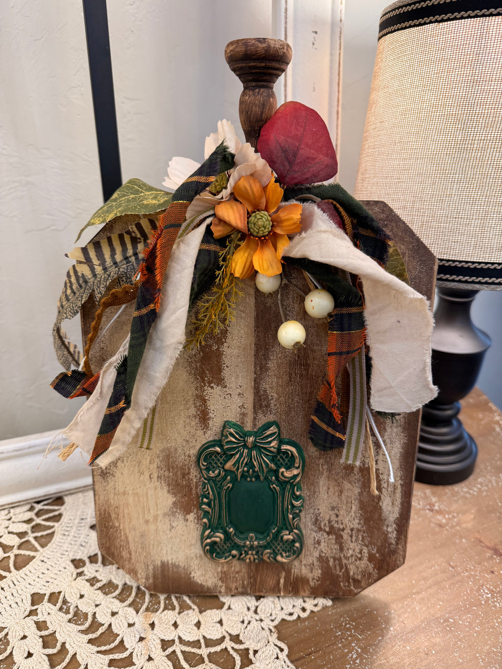 Harvest Wood Shelf Sitter with Dimensional Ornate Resin Accent and Fall Ribbon