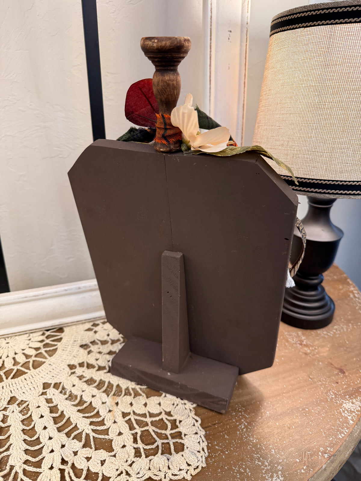 Harvest Wood Shelf Sitter with Dimensional Ornate Resin Accent and Fall Ribbon