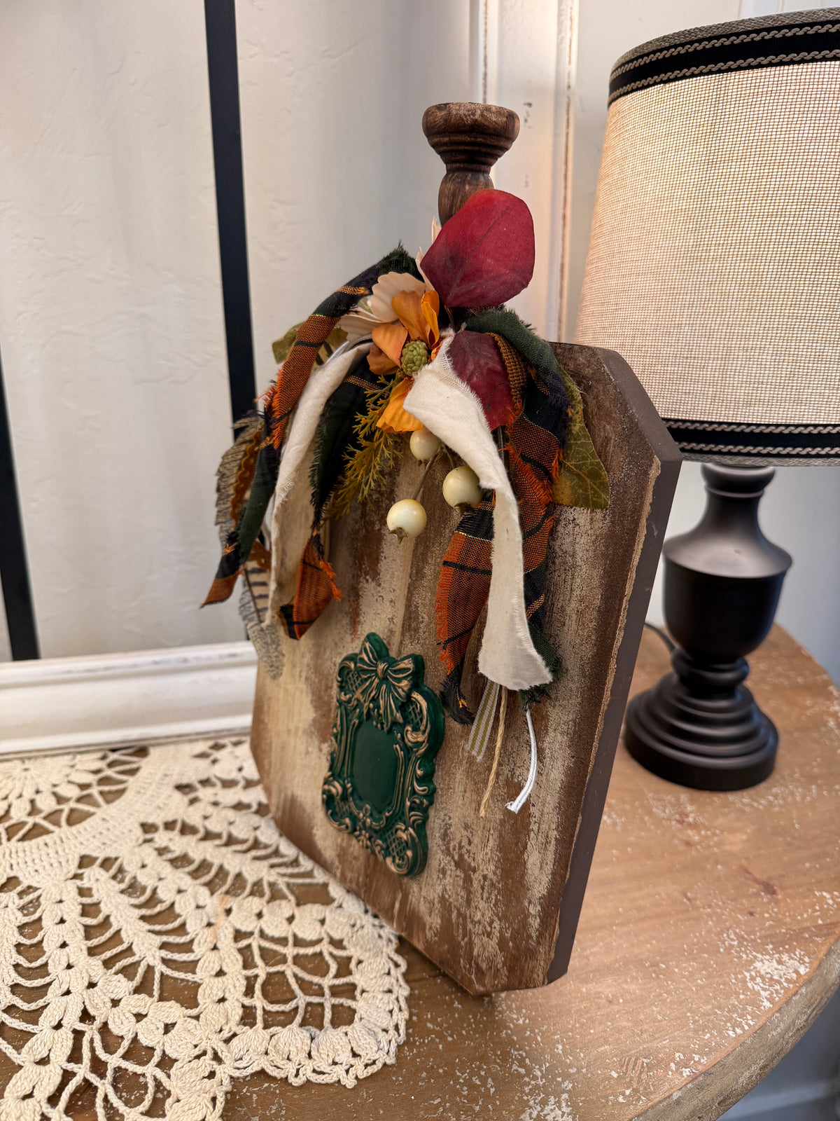 Harvest Wood Shelf Sitter with Dimensional Ornate Resin Accent and Fall Ribbon