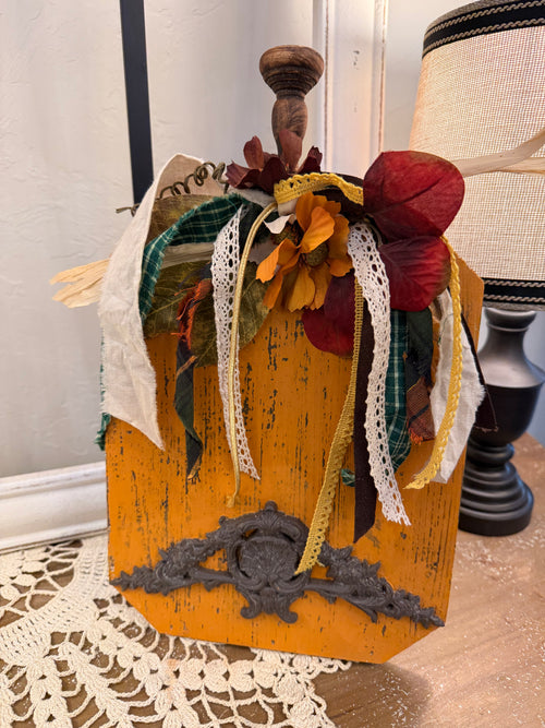 Antique Style Wood Fall Shelf Sitter with Dimensional Ornate Resin Accent
