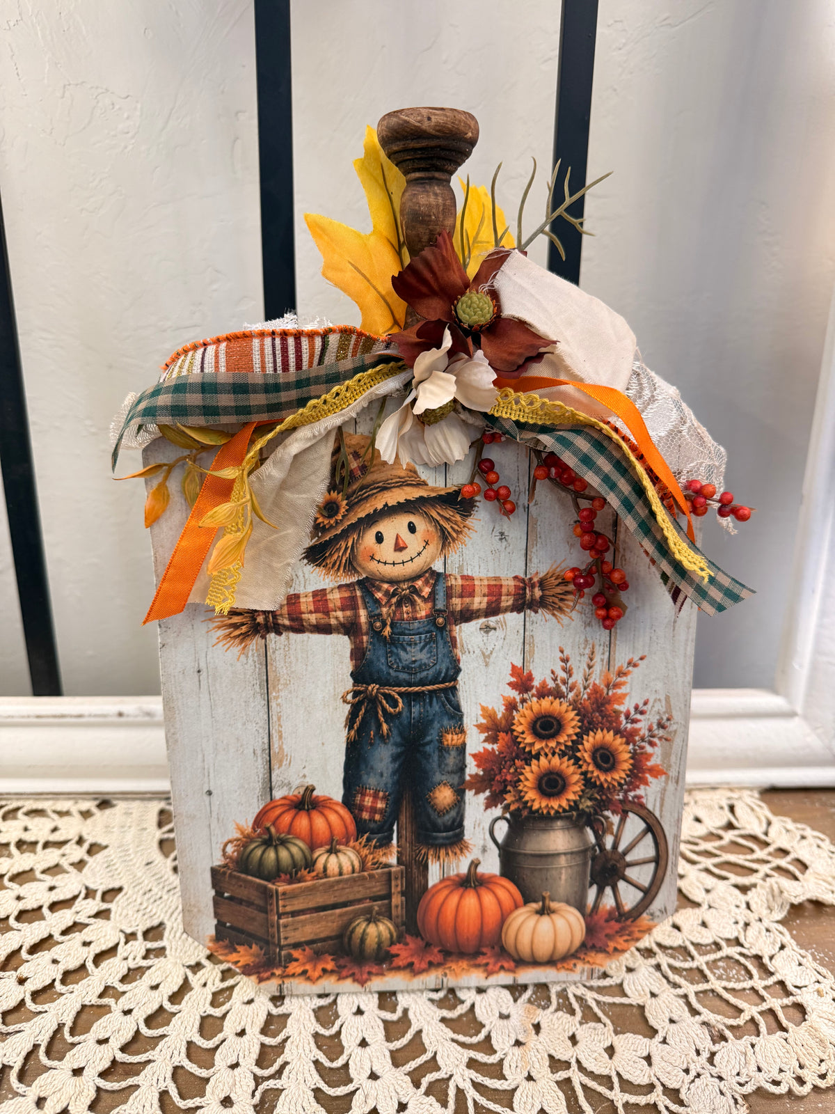 Scarecrow Pumpkin Wood Shelf Sitter with Fall Harvest Decoupage Scene