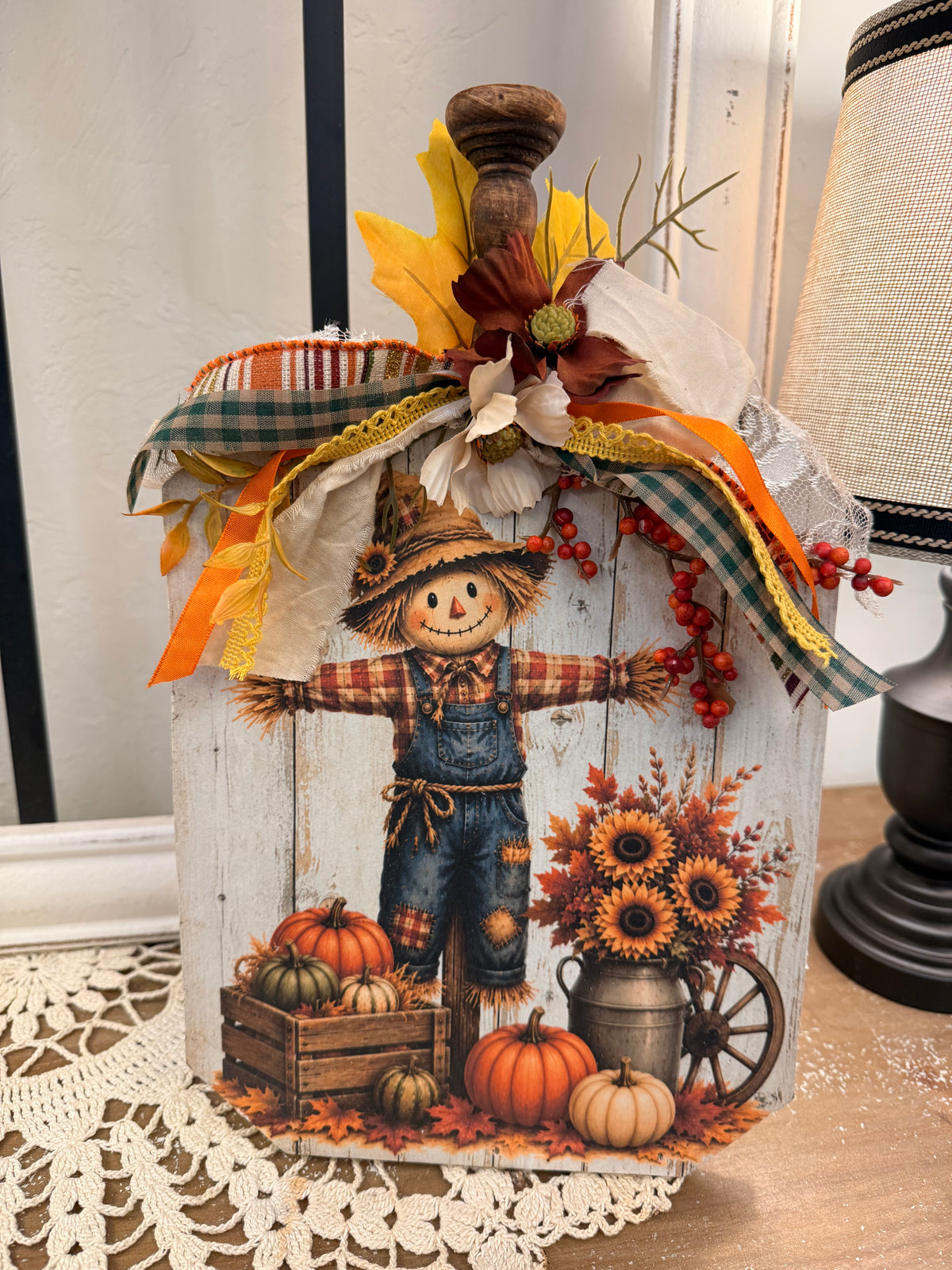 Scarecrow Pumpkin Wood Shelf Sitter with Fall Harvest Decoupage Scene