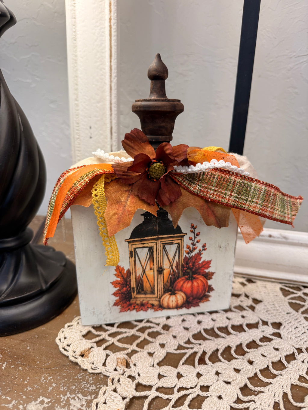 Fall Lantern Wood Pumpkin Shelf Sitter with Pumpkin Decoupage Scene