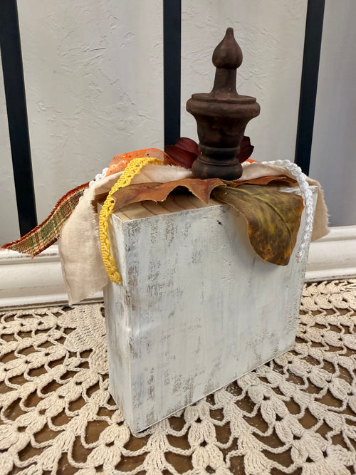 Fall Lantern Wood Pumpkin Shelf Sitter with Pumpkin Decoupage Scene
