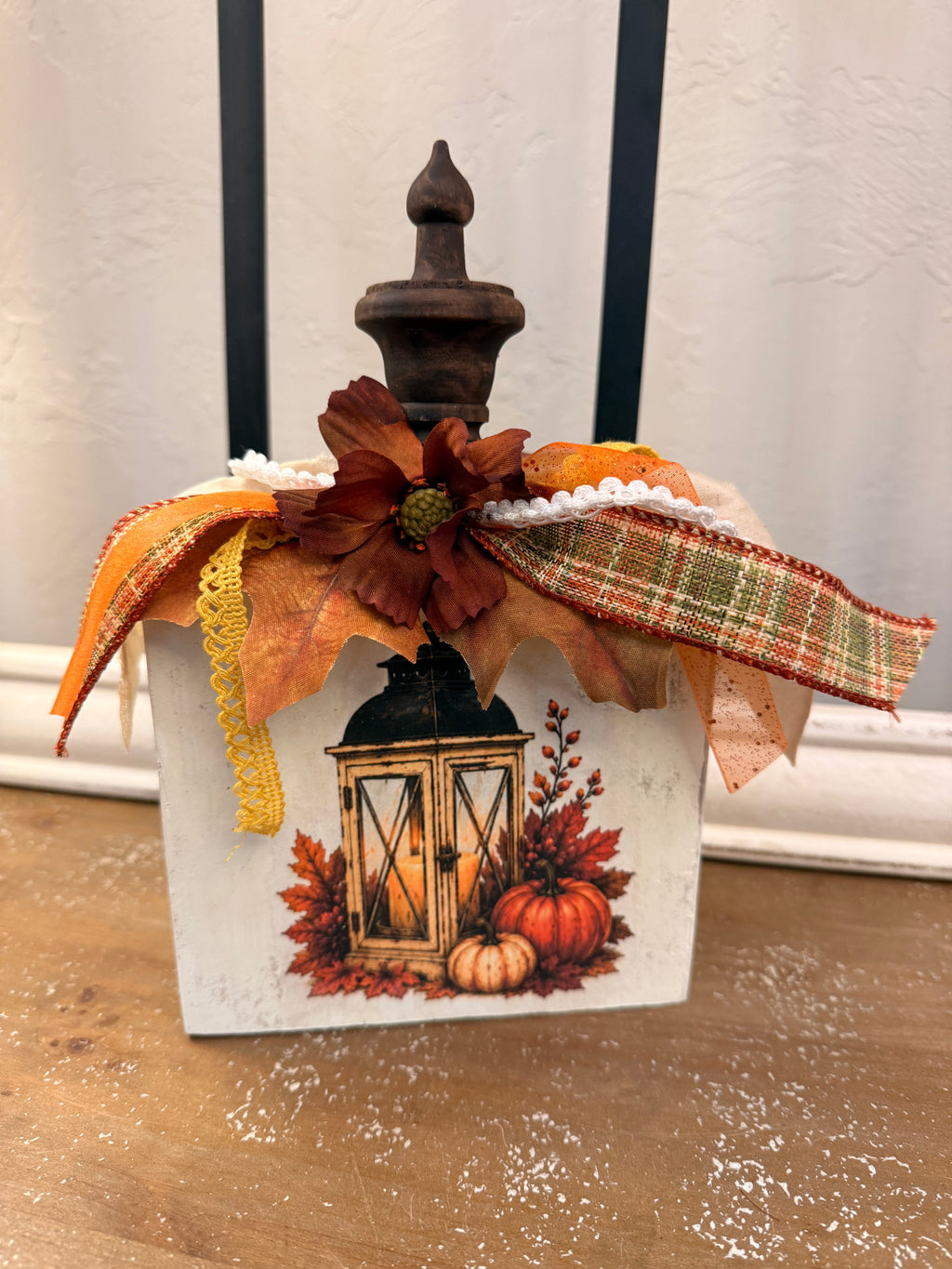 Fall Lantern Wood Pumpkin Shelf Sitter with Pumpkin Decoupage Scene