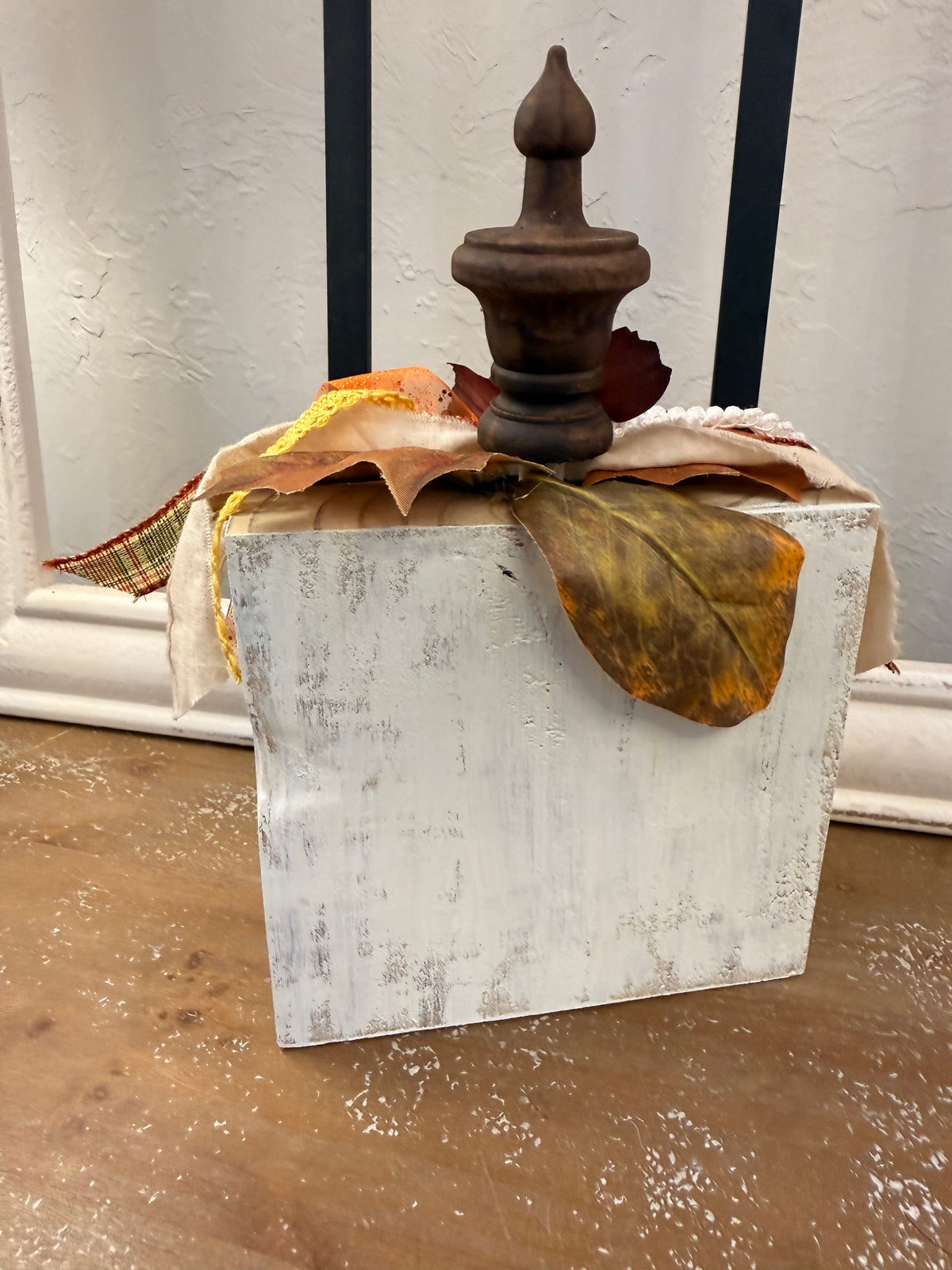 Fall Lantern Wood Pumpkin Shelf Sitter with Pumpkin Decoupage Scene