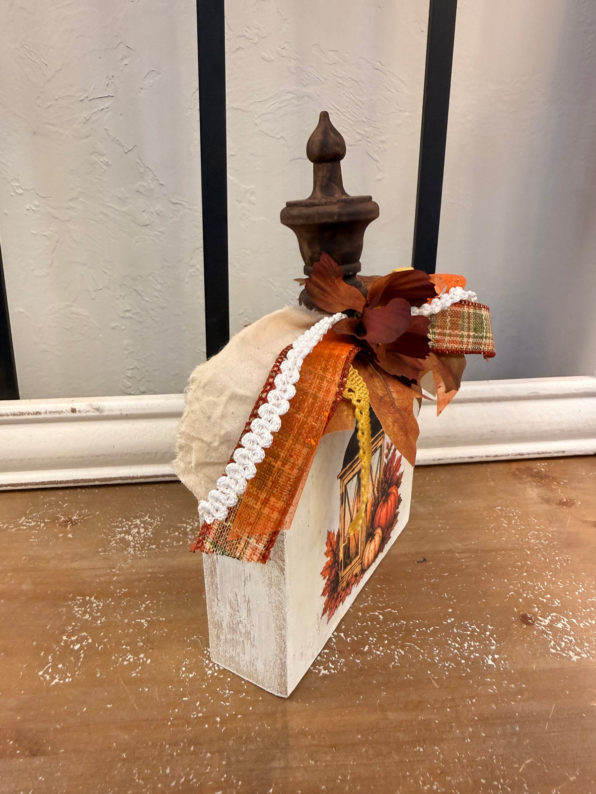 Fall Lantern Wood Pumpkin Shelf Sitter with Pumpkin Decoupage Scene